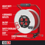 CRAFTSMAN 100 Ft. Contractor Retractable Extension Cord Reel With 4 Outlets & Heavy Duty 12AWG SJTW Cable CRAFTSMAN