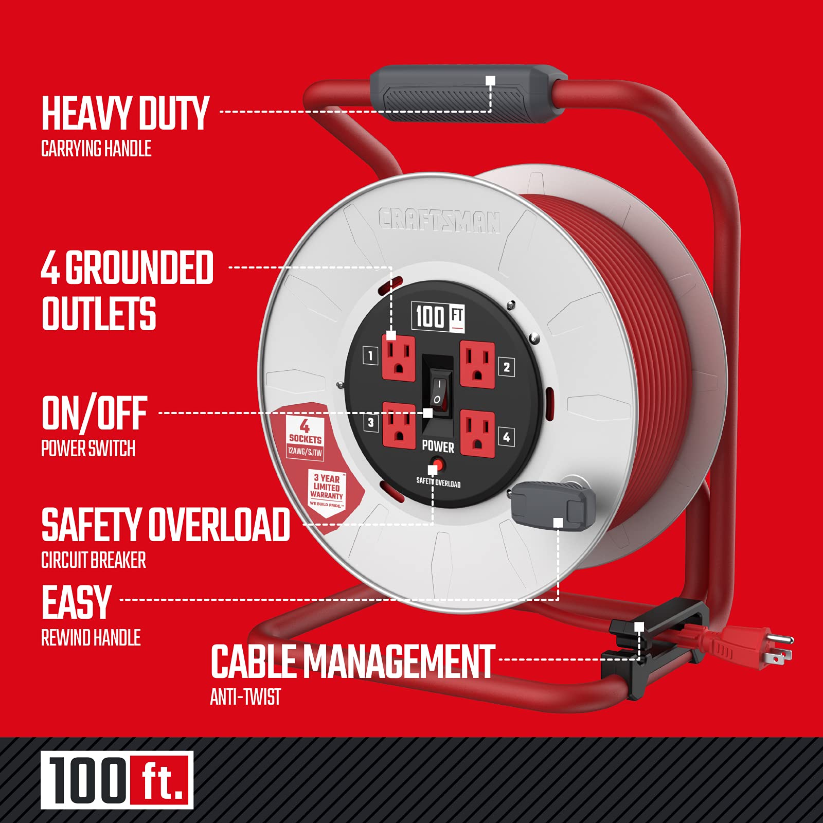 CRAFTSMAN 100 Ft. Contractor Retractable Extension Cord Reel With 4 Outlets & Heavy Duty 12AWG SJTW Cable - WoodArtSupply