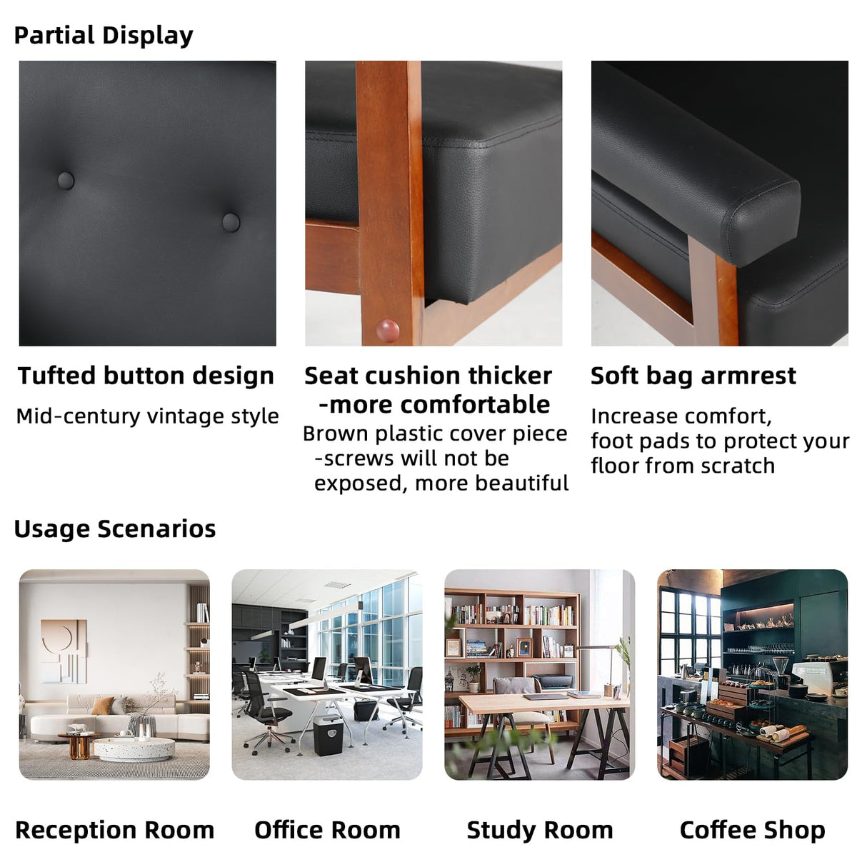 STHOUYN 50”W Black Faux Leather Small Office Couch Loveseat Sofa with Wood Arms, Mid Century Modern Love Seat Sofas Lounge Armchair Living Room Bedroom (Black (loveseat)) STHOUYN