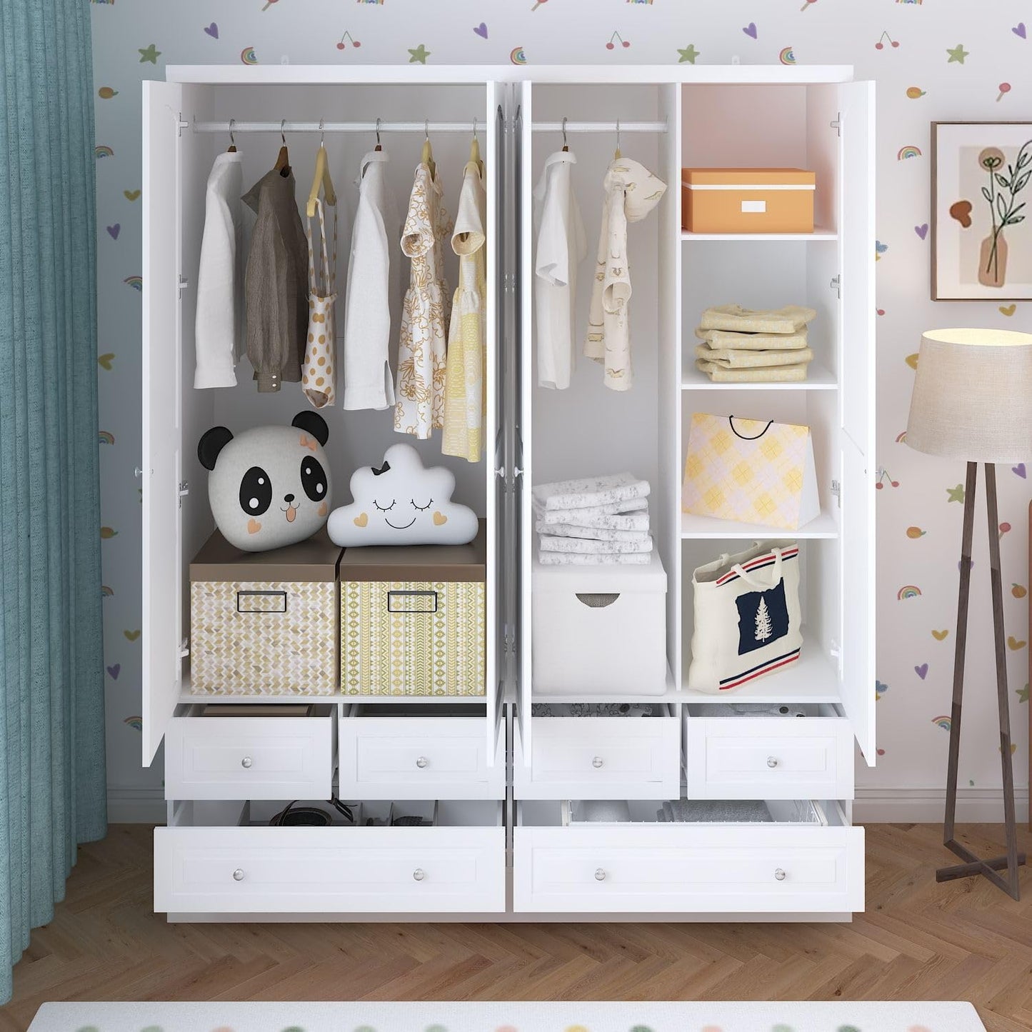 MOUMON 4 Door Wardrobe Closet with Mirror & 6 Drawers, Wardrobe Armoire Closet with 2 Hanging Rods, Armoire Wardrobe with 4 Tier Shelves, Closet for Bedroom White (63”W x 19.7”D x 78.7”H) - WoodArtSupply