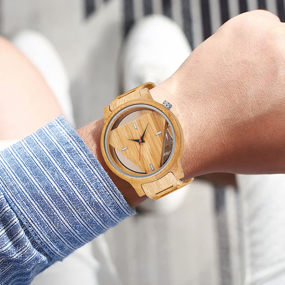 Triangle Wood Watch for Men Creative Hollow Dial Full Wooden Quartz Watch Vintage Natural Mens Unique Inverted Geometric Wood Wrist Watch Tiong