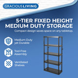 Gracious Living 5 Shelf Fixed Height Ventilated Medium Duty Storage Unit 14 x 32 x 72" Organizer System for Home, Garage, Basement, & Laundry, Black Gracious Living