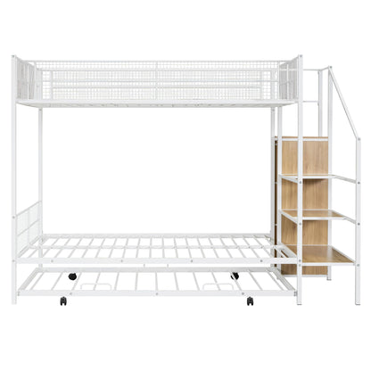 Harper & Bright Designs Twin Over Full Bunk Bed with Trundle, Stairs and Wardrobe, Metal Bunk Bed with Wire Shelving and Lateral Storage Ladder for Bedroom, Dorm (White)