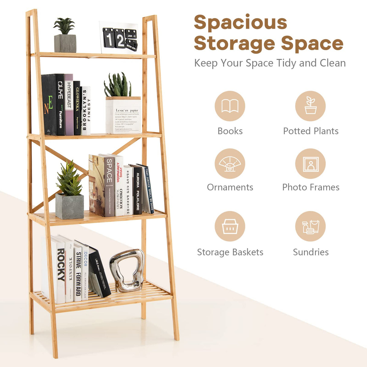 Giantex 4-Tier Bamboo Bookshelf, Multifunctional Storage Display Rack Shelves with Anti-Tipping Device, Natural Bamboo Ladder Shelf for Home Office Kitchen Bathroom Giantex