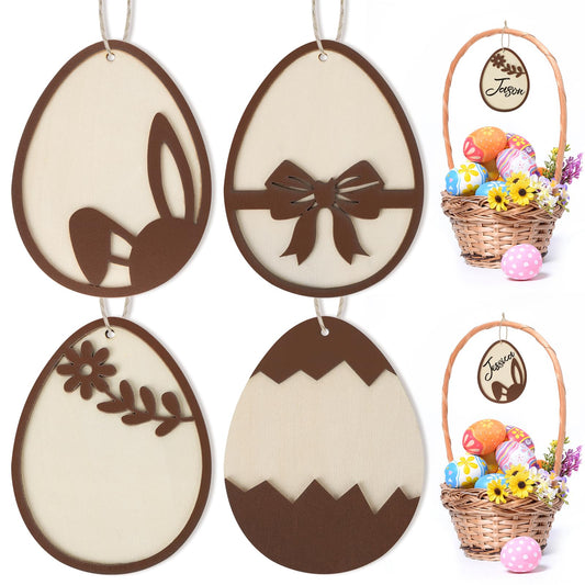 4 Pieces Easter Basket Tags, 3 D Egg Design Wooden Easter Basket Name Tags, Personalized Easter Tags with String, Easter Gift Tags for Home Room Decoration Hanging Ornaments (Egg Shape) - WoodArtSupply