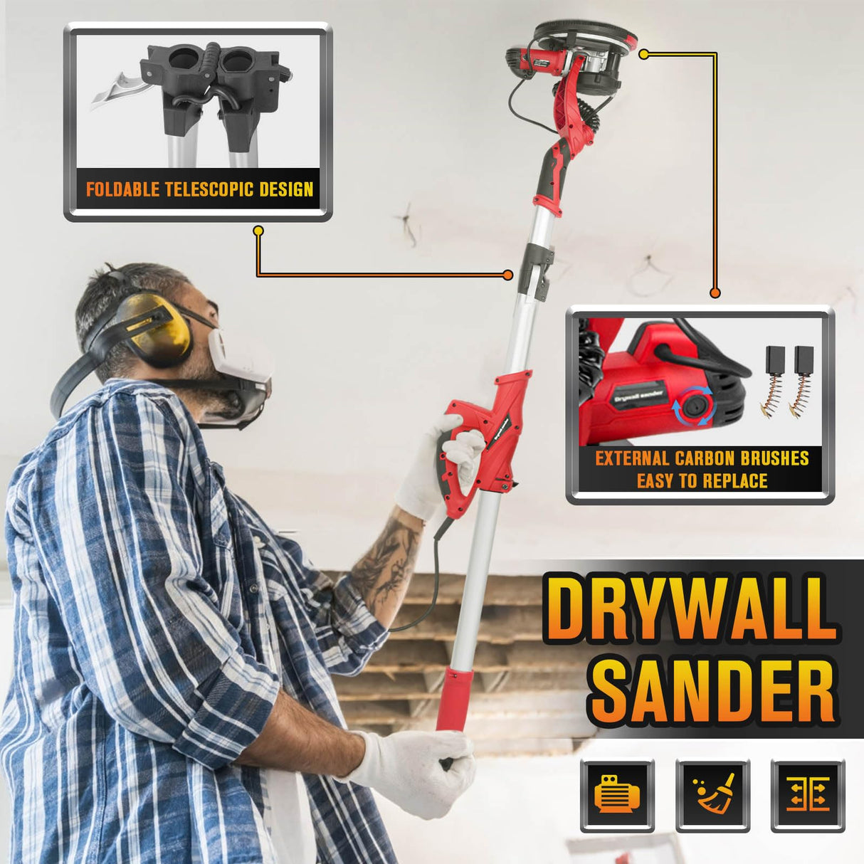 Drywall Sander with 5 Variable Speeds and Double-Deck LED，750W High Power - Ideal for grinding drywall, ceilings, interior walls, exterior walls,loose plaster LuckySlycyc