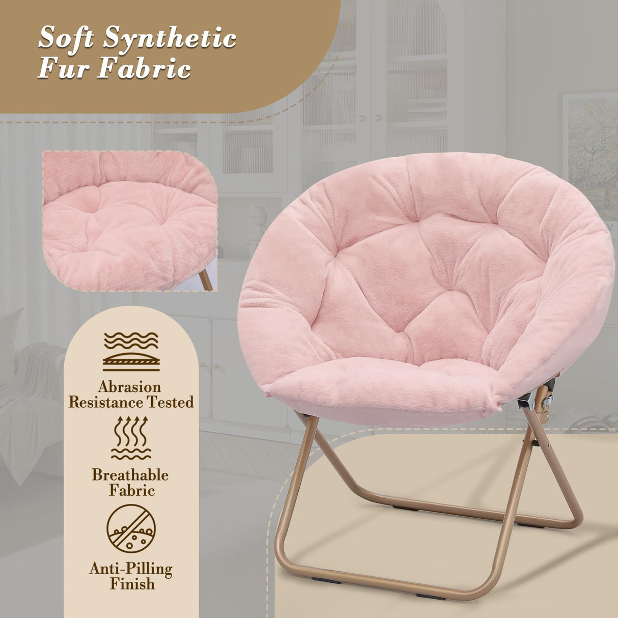 Athena Collection Comfy Saucer Chair Folding Cozy Chair for Bed Room Living Room Accent Chair Faux Fur Reading Chair Foldable Metal Frame Lazy Chair Moon Chair for Adult, Pink Athena Collection