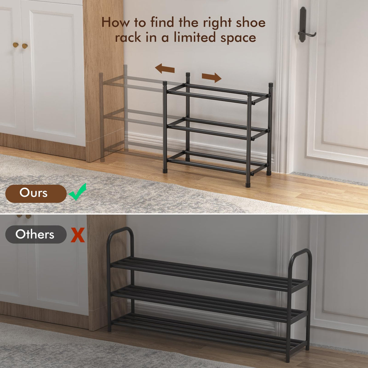 Uneviesyka Expandable Shoe Rack, 3 Tier Shoe Rack for Closet, Stackable Adjustable Standing Metal Shoe Shelf Organizer Storage, Small Shoe Racks for Front Door Entrance、Entryway(Black) Uneviesyka