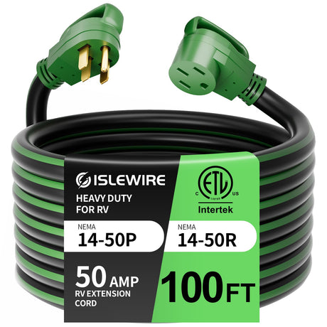 islewire 100 Feet 50 Amp RV/EV Extension Cord with Grip Handle, Heavy Duty 6/3+8/1 Gauge STW 4 Prong RV Power Cord, NEMA 14-50P/R with Cord Organizer for Tesla Model 3/S/X/Y, Black & Green, ETL Listed islewire