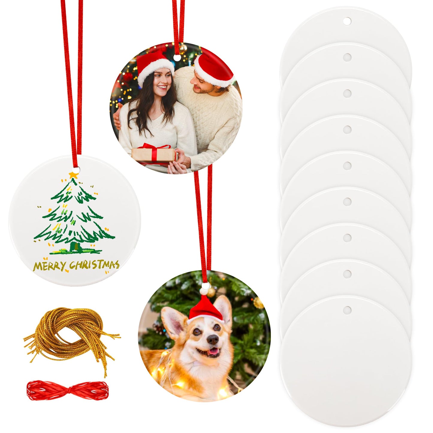 Joyclub 12 PCS 3'' Sublimation Ornament Blanks Ceramic Sublimation Christmas Ornaments Bulk Round White Ornaments for Personalized Xmas Tree Ornament Home Decor DIY Crafts