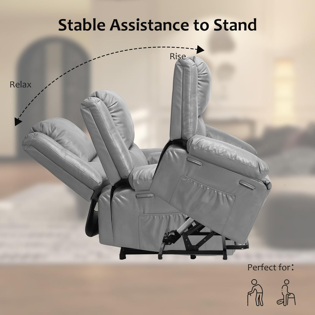 GarveeHome Faux Leather Power Lift Recliner w/Massage and Heat for Elderly, Recliner Chairs with Pockets for Living Room (Gray, Medium) GarveeHome