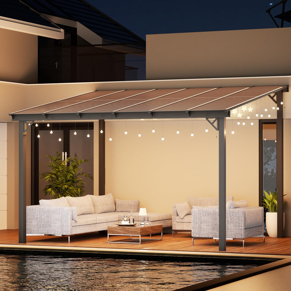 EBE 12' x 10' Gazebo, Wall Mounted Gazebo Pergola on Clearance, Hardtop Lean to Gazebo Awning with Sloped Roof, for Patio, Porch, Deck EBE