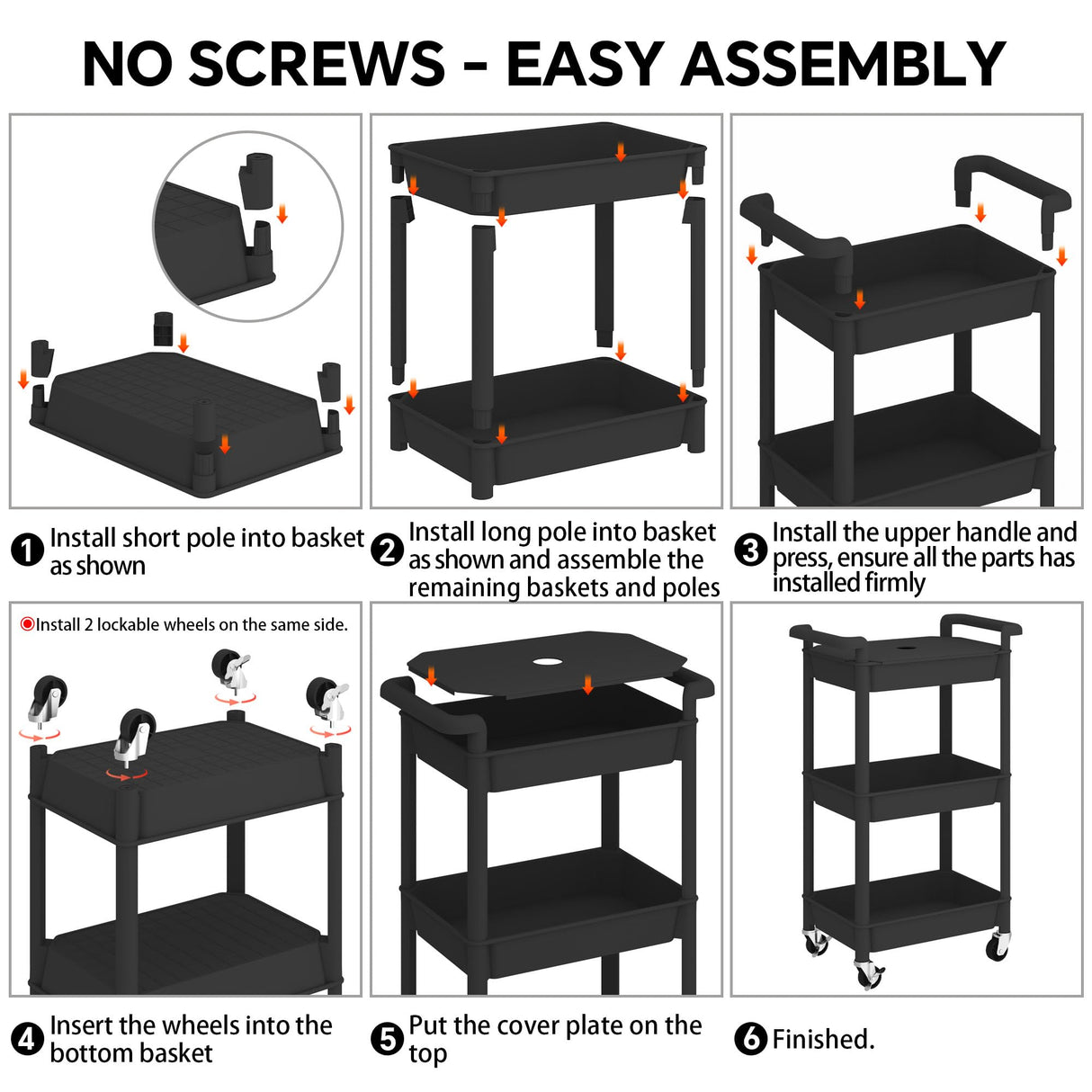 Steehoom 3-Tier Utility Rolling Cart with Cover Top Board, Mobile Utility Cart with Lockable Casters Multi-Functional Storage Trolley for Office, Bathroom, Kitchen, Garden, Laundry Room (Black) Steehoom