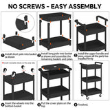 Steehoom 3-Tier Utility Rolling Cart with Cover Top Board, Mobile Utility Cart with Lockable Casters Multi-Functional Storage Trolley for Office, Bathroom, Kitchen, Garden, Laundry Room (Black) Steehoom