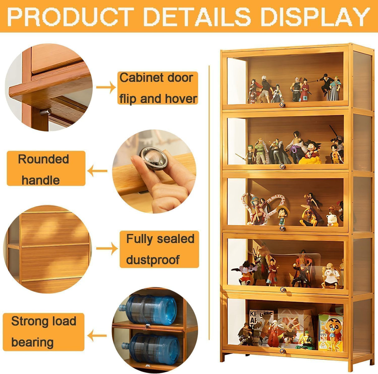 Curio Display Cabinet, 5 Tier Storage Shelves with Acrylic Glass Door, Transparent Bamboo Display Case for Figures, Display Shelves for Collectibles & Kids Bookcase for Home (Wooden Flip Door) iusyugh
