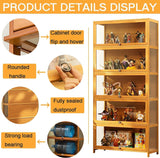 Curio Display Cabinet, 5 Tier Storage Shelves with Acrylic Glass Door, Transparent Bamboo Display Case for Figures, Display Shelves for Collectibles & Kids Bookcase for Home (Wooden Flip Door) iusyugh