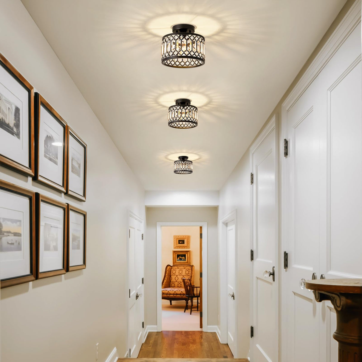 Pevfah Crystal Black Ceiling Light, Modern Semi Flush Mount Ceiling Lighting Fixture, Round Hallway Lighting Fixtures Ceiling for Kitchen Entryway Bedroom Laundry Room, 1-Light, 9 Inch Pevfah