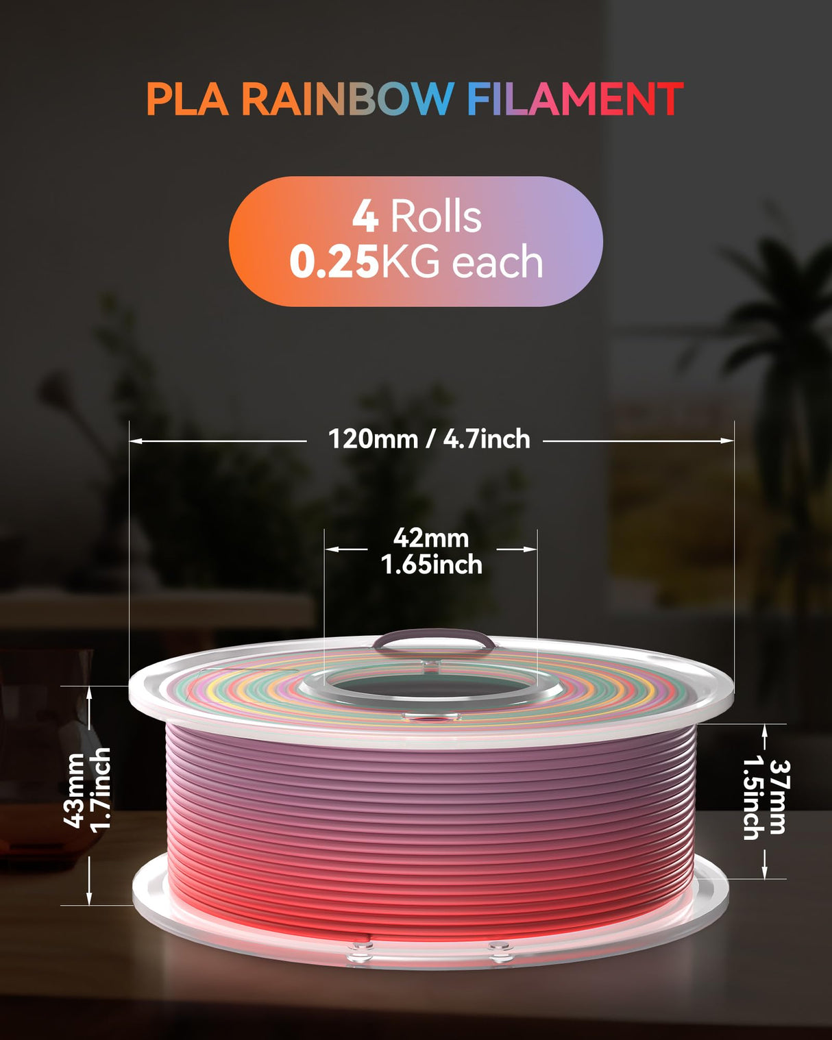 TECBEARS 250G PLA Rainbow Filament, PLA 3D Printer Filament Rainbow, Neatly Wound PLA Bundle, Fast Color Change Each 8 Meters, Dimensional Accuracy +/- 0.02mm, 4 Pack 250g Spool TECBEARS