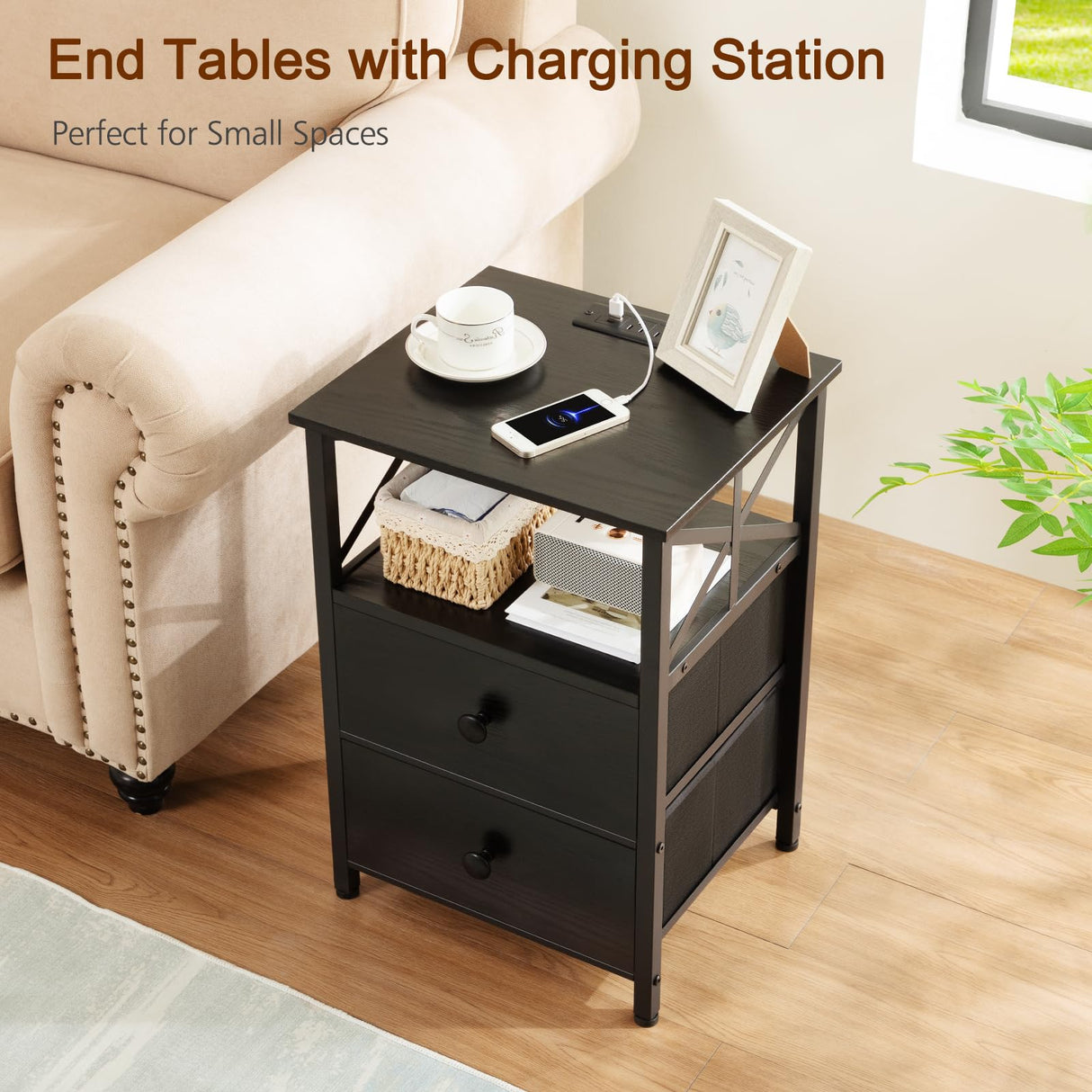 AMHANCIBLE Night Stand Set 2, Black Nightstand with Charging Station, End Tables Living Room with USB Ports and Outlets, Bedside Table with Fabric Drawers for Bedroom, HET05XBK AMHANCIBLE