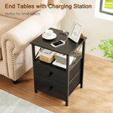 AMHANCIBLE Night Stand Set 2, Black Nightstand with Charging Station, End Tables Living Room with USB Ports and Outlets, Bedside Table with Fabric Drawers for Bedroom, HET05XBK AMHANCIBLE