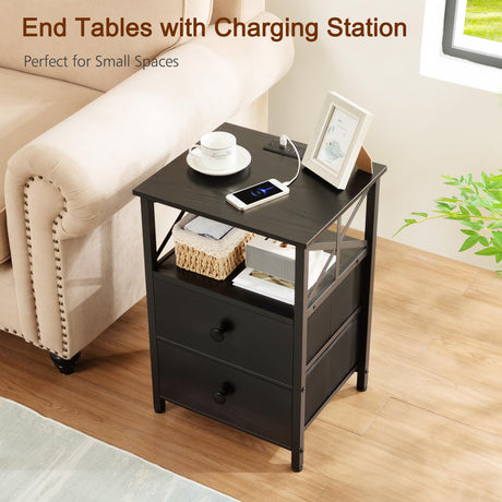 AMHANCIBLE Night Stand Set 2, Black Nightstand with Charging Station, End Tables Living Room with USB Ports and Outlets, Bedside Table with Fabric Drawers for Bedroom, HET05XBK AMHANCIBLE