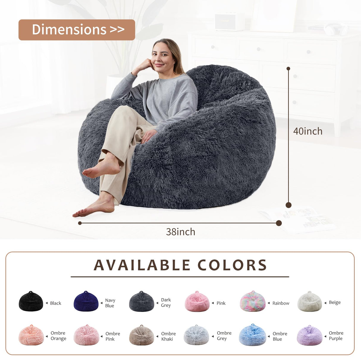 Bean Bag Chair Cover(No Filler) Soft Faux Fur Stuffed Animal Bean Bag Storage, Fluffy Plush Bean Bag Chair Cover Washable, Comfy Bean Bag Chairs for Adults Kids Teens WSOFRLAC