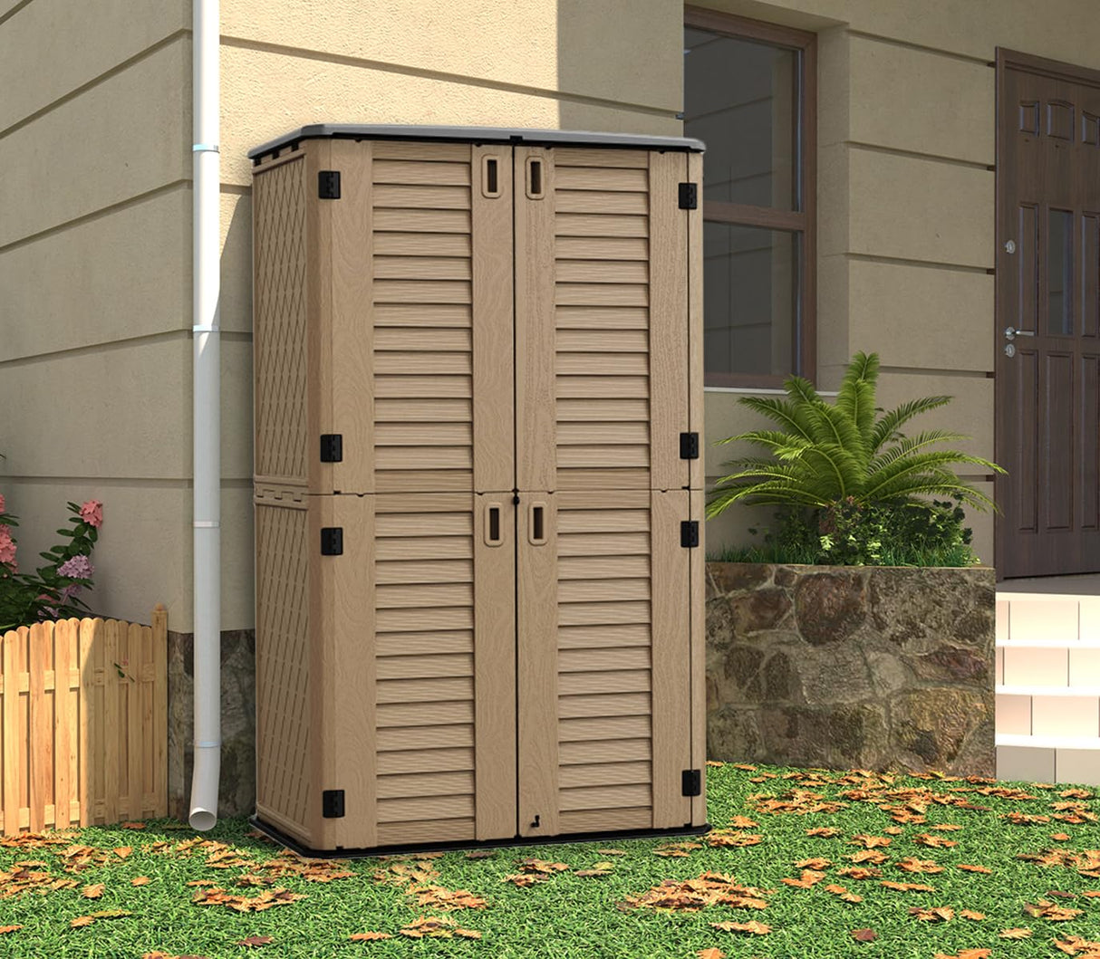 HOMSPARK Storage Shed Weather Resistance, Multi-Purpose Outdoor Storage Cabinet for Backyards and Patios, Horizontal Storage Shed for Lawnmower, Patio Accessories (COFFEE, Tall - 53 cu.ft) HOMSPARK