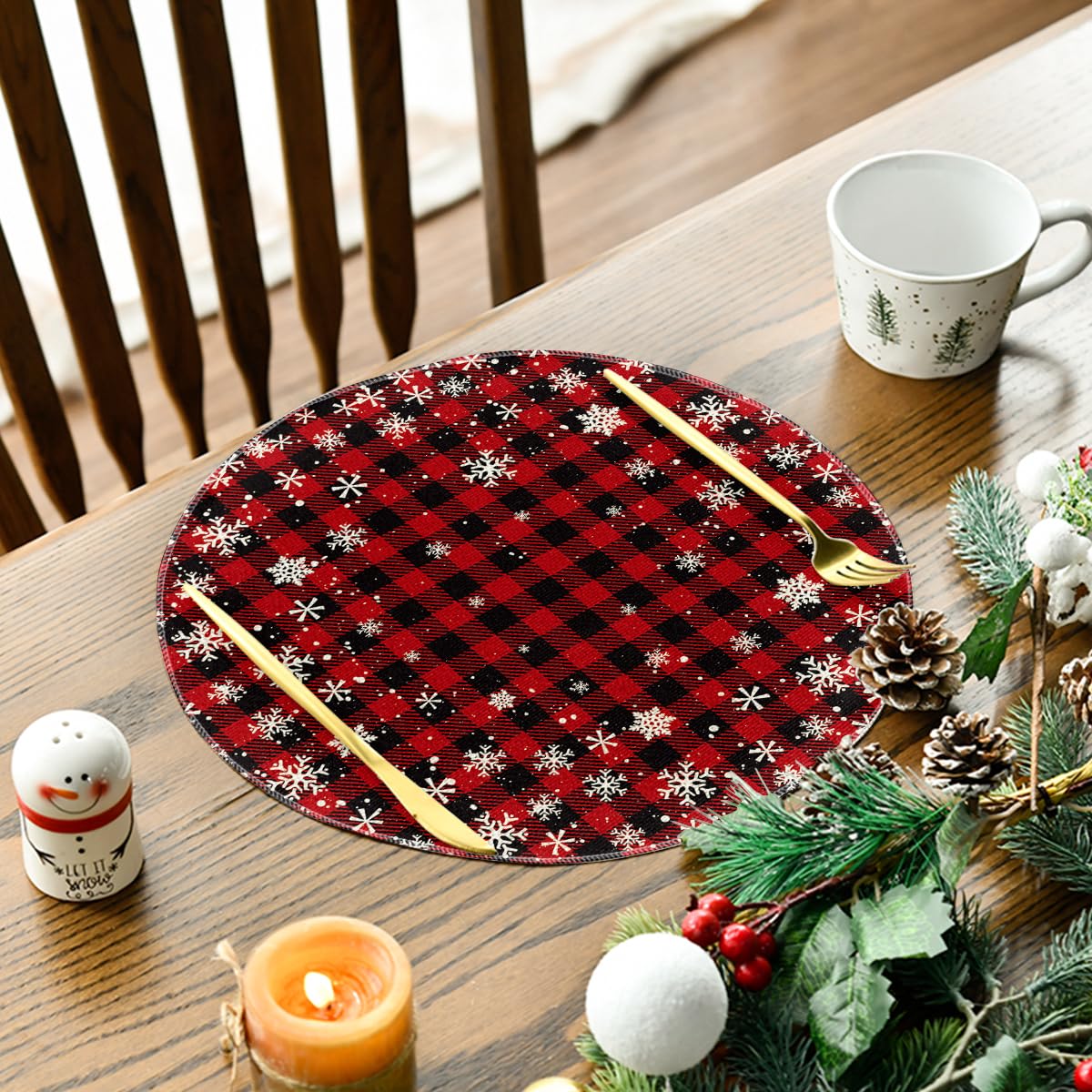Artoid Mode Red and Black Buffalo Plaid Snowflakes Christmas Round Placemats Set of 4, 14 Inch Winter Round Table Mats for Dining Decoration Artoid Mode