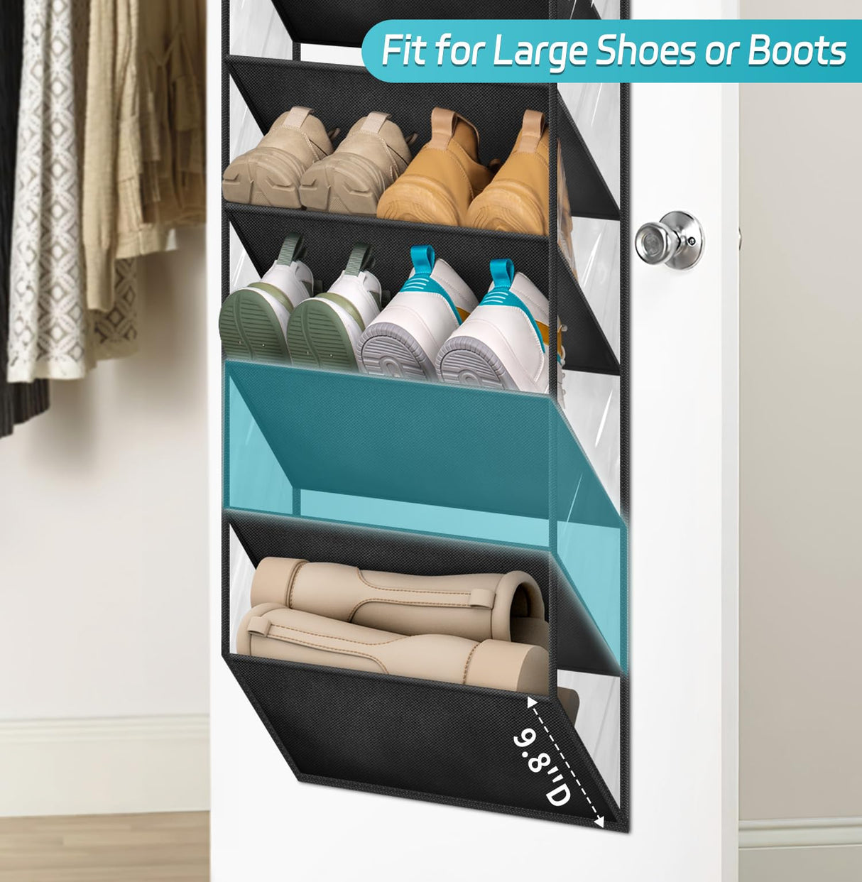 AOODA 10 Tier Clear Over the Door Shoe Organizer Storage, Deep Pockets Large Hanging Shoe Rack for Closet Door, Fit 20 Pairs Shoe Holder Hanger for Sneakers, Boots (Black) AOODA