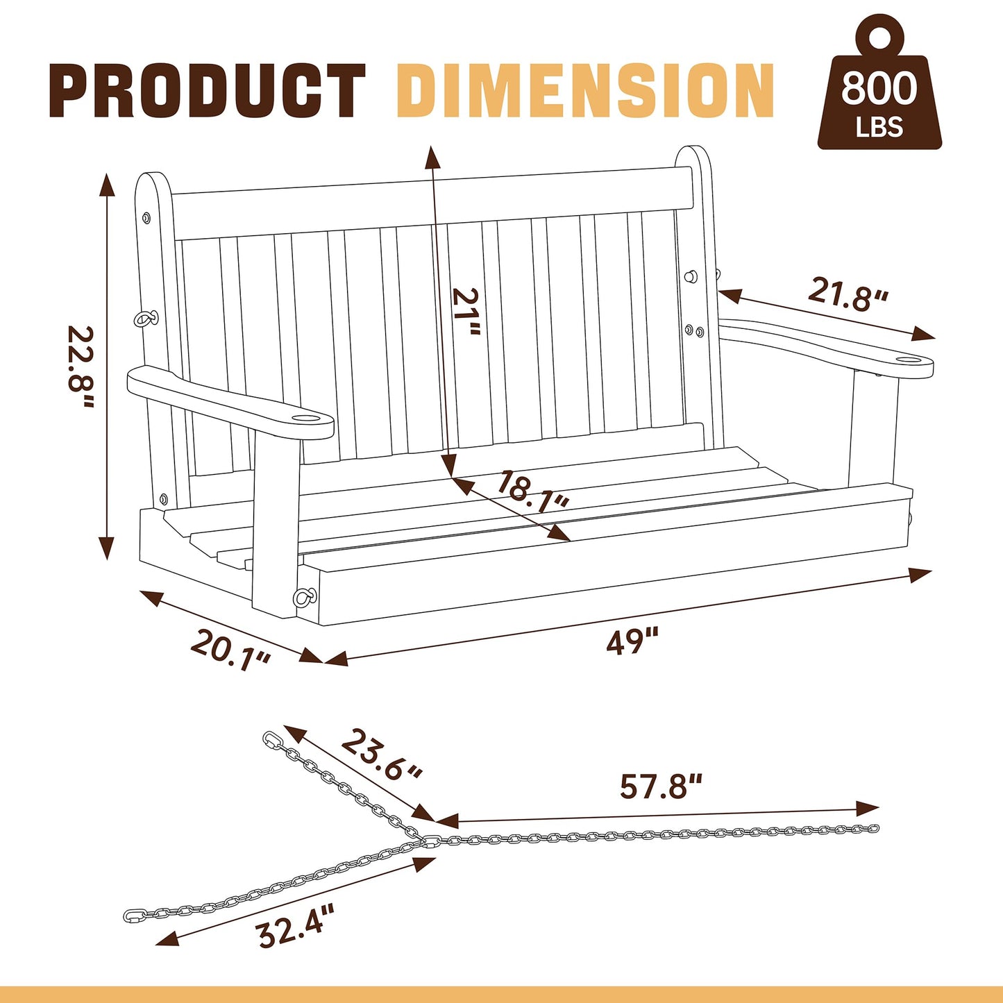 JAMFLY Patio Wooden Porch Swing Outdoor, 2-Seater Bench Swing with Hanging Chains for Outdoor Patio Garden Courtyard Backyard, Natural - WoodArtSupply