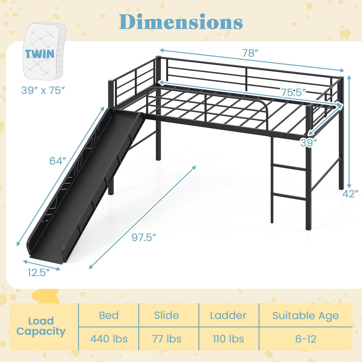 Giantex Low Loft Bed with Slide, Metal Twin Loft Bed Frame with Climbing Ladder, Guardrail & Storage Space for Kids Toddler, Black Giantex