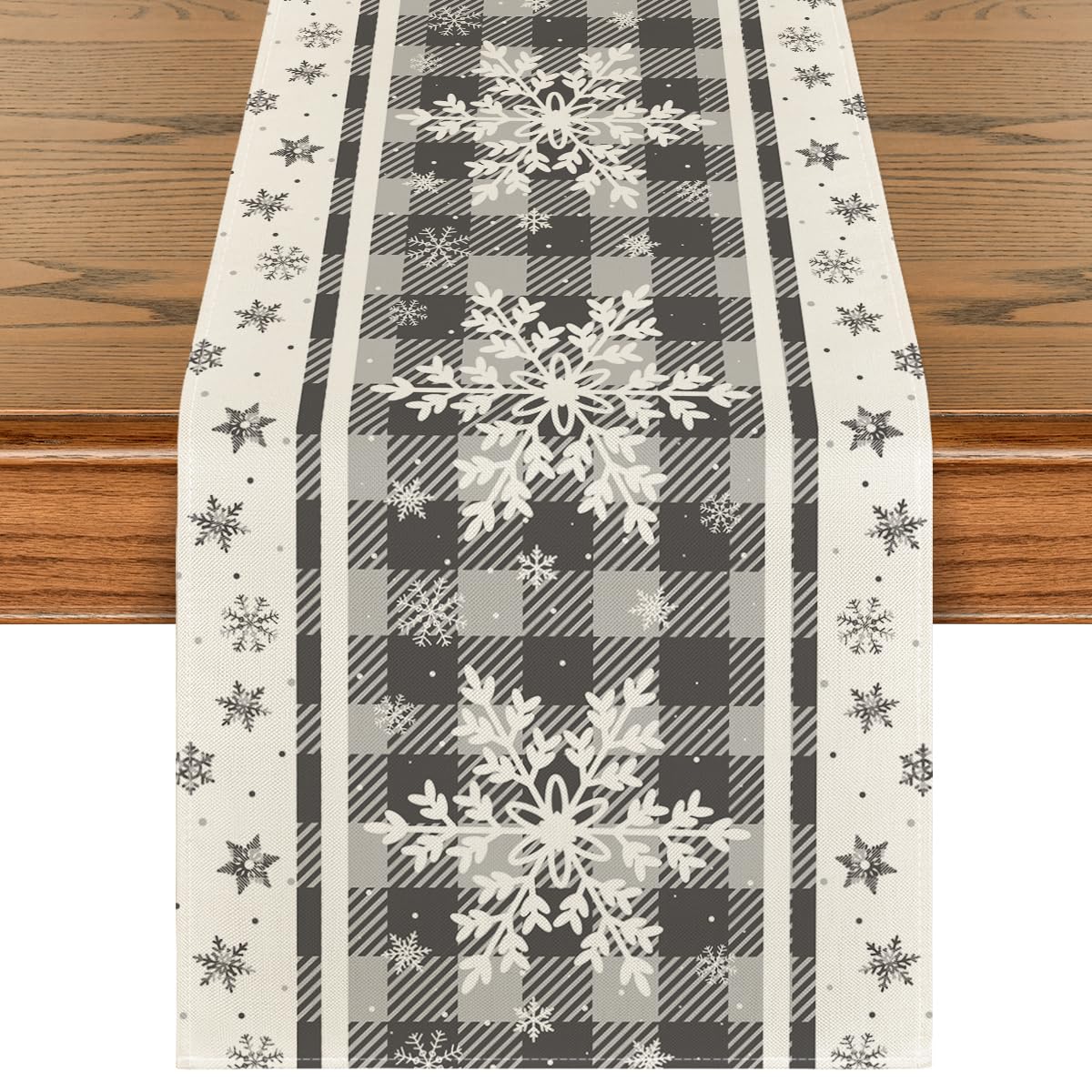 Artoid Mode Grey Buffalo Plaid Snowflakes Christmas Table Runner, Seasonal Winter Kitchen Dining Table Decoration for Home Party Decor 13x72 Inch Artoid Mode
