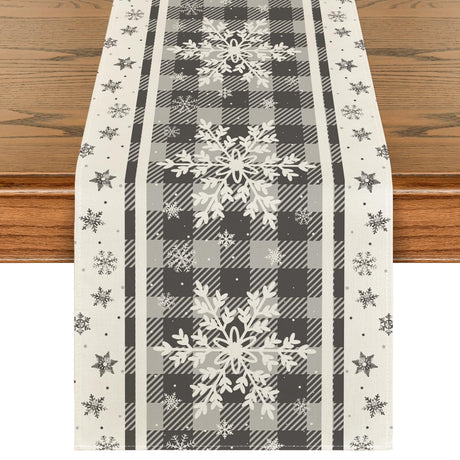 Artoid Mode Grey Buffalo Plaid Snowflakes Christmas Table Runner, Seasonal Winter Kitchen Dining Table Decoration for Home Party Decor 13x72 Inch Artoid Mode