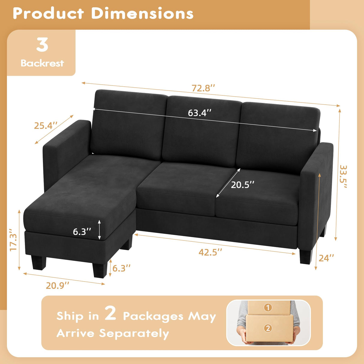 VICTONE Sectional Sofa Couch, 3 seat L-Shaped Small Sofa with Movable Ottoman Couch for Small Apartments, Living Rooms and Offices (Linen Fabric, Deep Grey) VICTONE