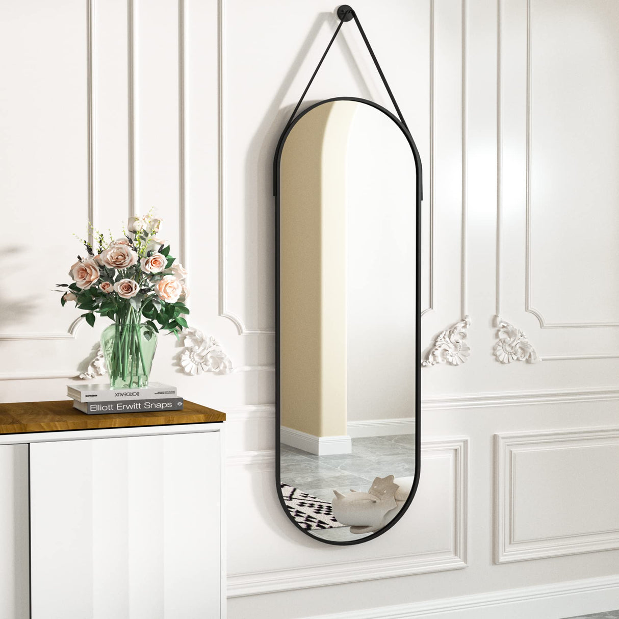 HARRITPURE 16"x48" Oval Hanging Mirror with Leather Strap Full Length Mirror Aluminum Frame Wall-Mounted Hanging Mirrors for Bathroom Vanity Living Room Bedroom Entryway Decor HARRITPURE