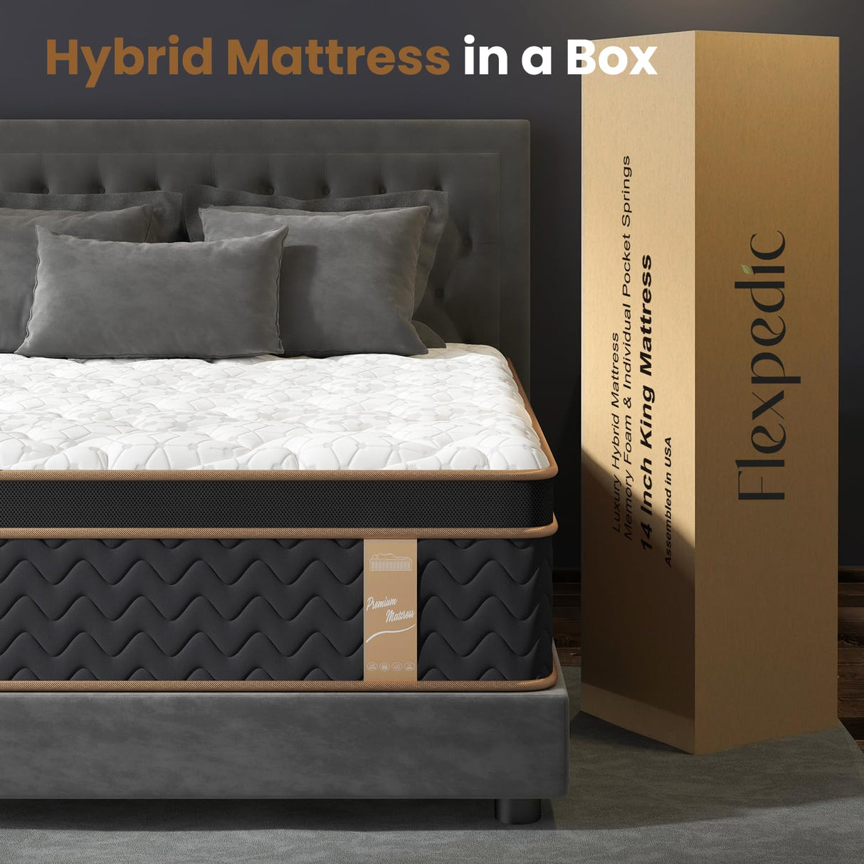 King Mattress 14 Inch, Cooling Hybrid Bed in a Box, Individual Pocket Springs, Motion Isolation, Targeted Hip/Shoulder/Lumbar Support, Fiberglass-Free, Ergonomic Zones, 365-Night Trial, CertiPUR-US FP FLEXPEDIC