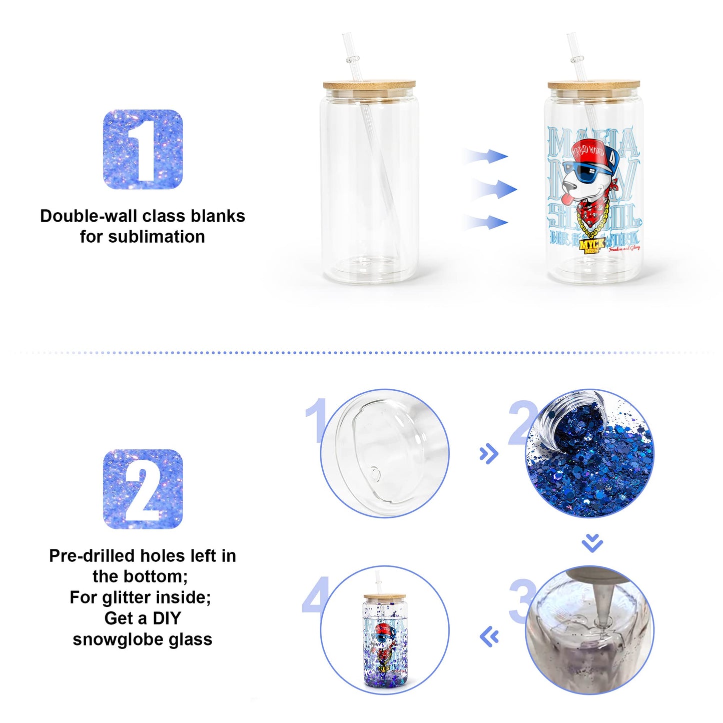 AGH Sublimation Snow Globe Glass Can Blanks 16 oz 6 Pack Sublimation Double Wall Glass Tumbler with Bamboo Lids and Straws Pre-drilled Cups for Snow Globe glitter Clear