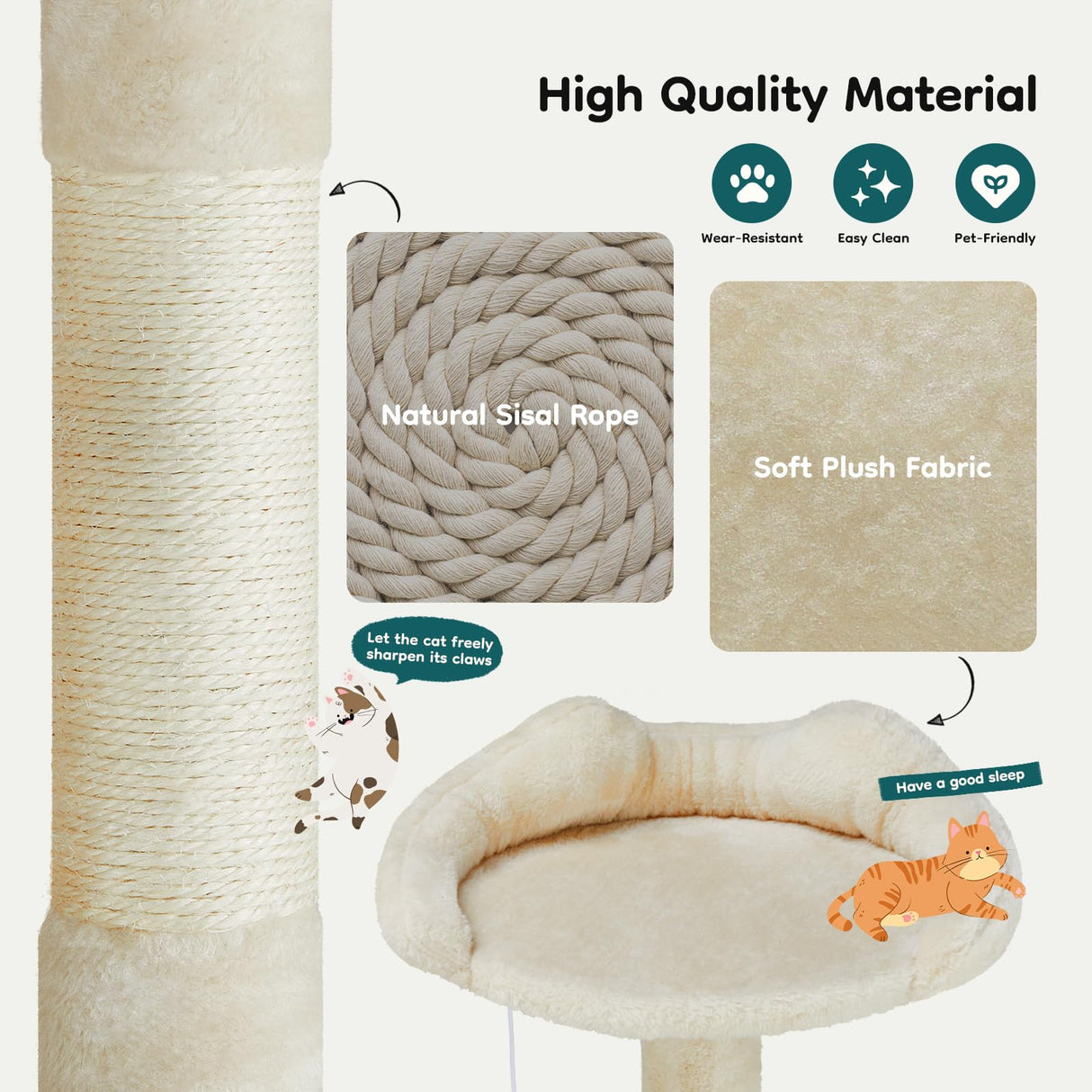 DUMOS 54-inch Indoor Cat Tree Tower –Multi-Level Pet House for Large Cats with 2 Condos, Scratching Posts, Round Platform, Small Ladder, and Toys, Beige DUMOS