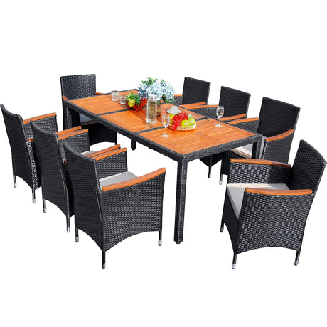 Flamaker 9 Piece Patio Dining Set Outdoor Acacia Wood Table and Chairs with Soft Cushions Wicker Patio Furniture for Deck, Backyard, Garden Flamaker