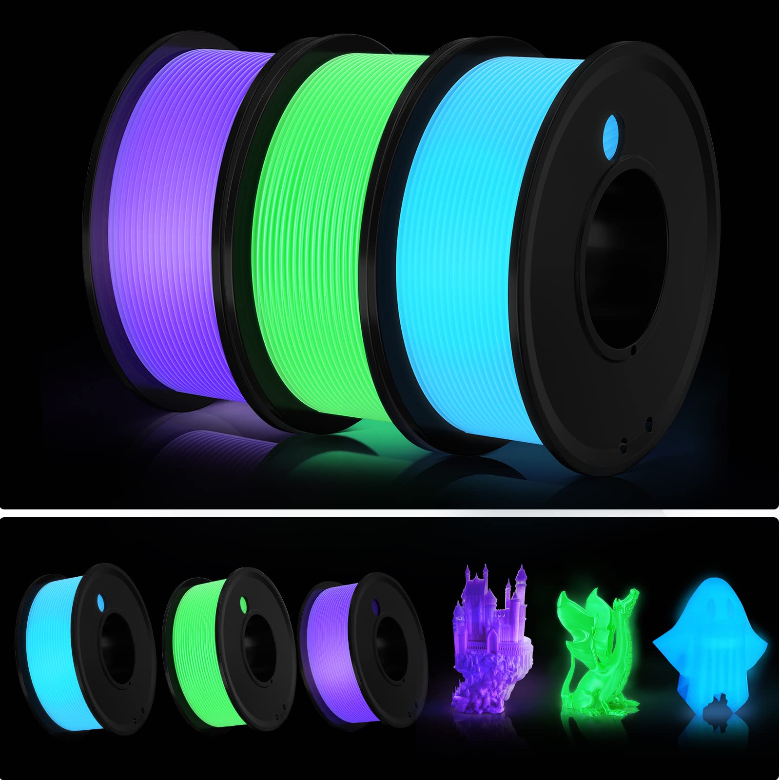 3D Printer Filament PLA Glow in The Dark 1.75mm 3-D Printing Materials 3 Colors Bundle Print Filiment 1.75 mm Green Blue Purple Fillament Accuracy ±0.05mm Spool Vacuum Packaging 250G X 3 - WoodArtSupply