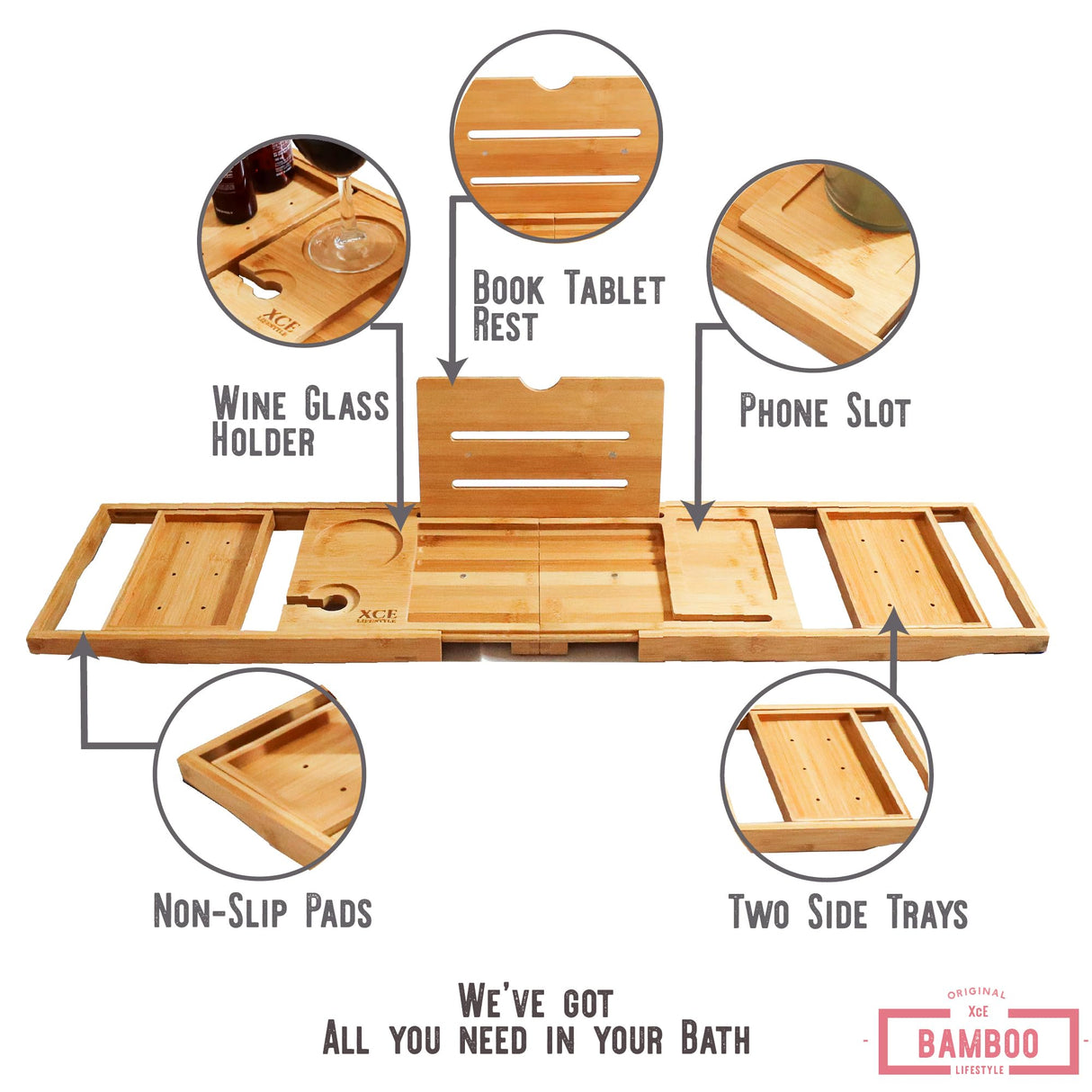 XcE Foldable Bathtub Tray Expandable to 105cm for Luxury Bath, Bath Tray for Bathtub (Bamboo) XcE