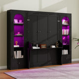 Queen Murphy Bed with Desk and Storage & LED Light, Solid Wood Hideaway Murphy Wall Bed with Storage Bookcase Shelves and Drawers for Adults (Black,Queen) MERITLINE