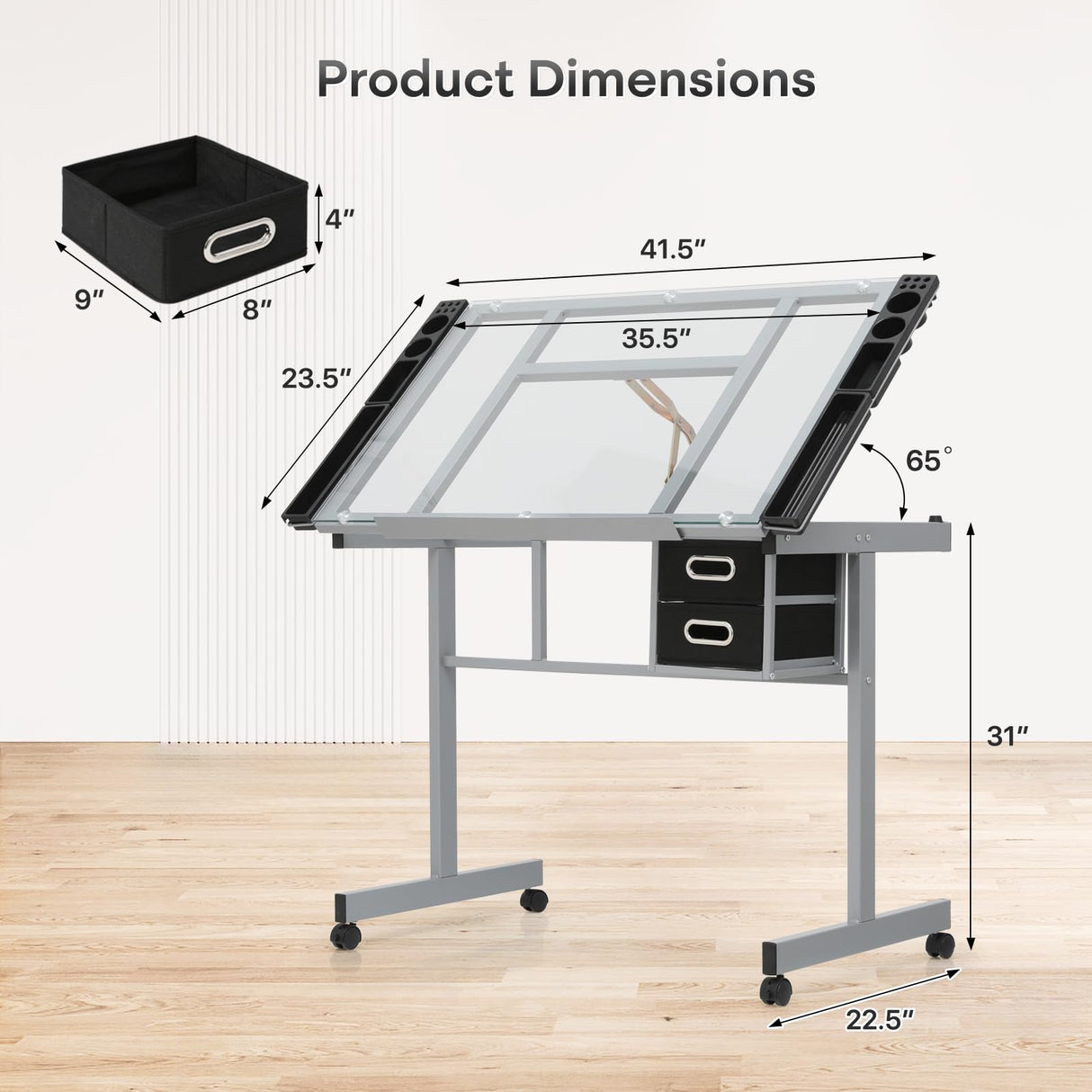 Athena Collection 41" Drafting Table Adjustable Angle Drawing Table Tempered Glass Art Desk Metal Frame Craft Desk Artist Desk with Fabric Drawers, Rolling Casters and Trays, Light Grey Athena Collection