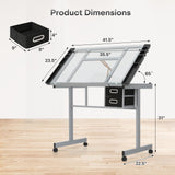 Polias Drafting Table with Adjustable Tilt Angle Board, Drawing Table Tempered Glass Top, Art Desk with Metal Frame Craft Desk for Artist with Fabric Drawers, Rolling Casters and Trays Polias