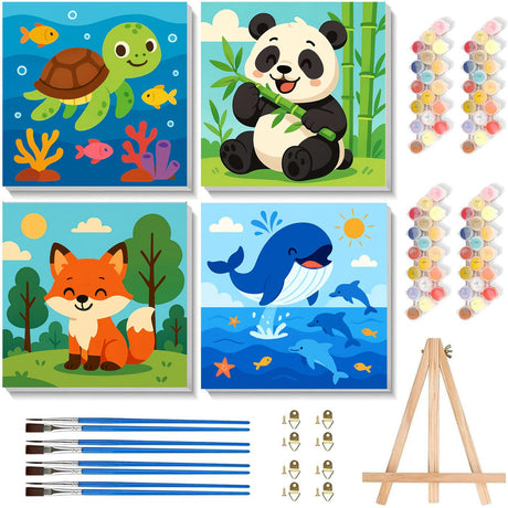 Arttoplus 4 Pack Paint by Numbers Kit for Kids with Frame,Cute Animals Kids Paint by Numbers Ages 4-6-8 with Wooden Easel,Easy DIY Acrylic Oil Painting by Number for Gift Home Wall Decor(8x8 inch) Arttoplus