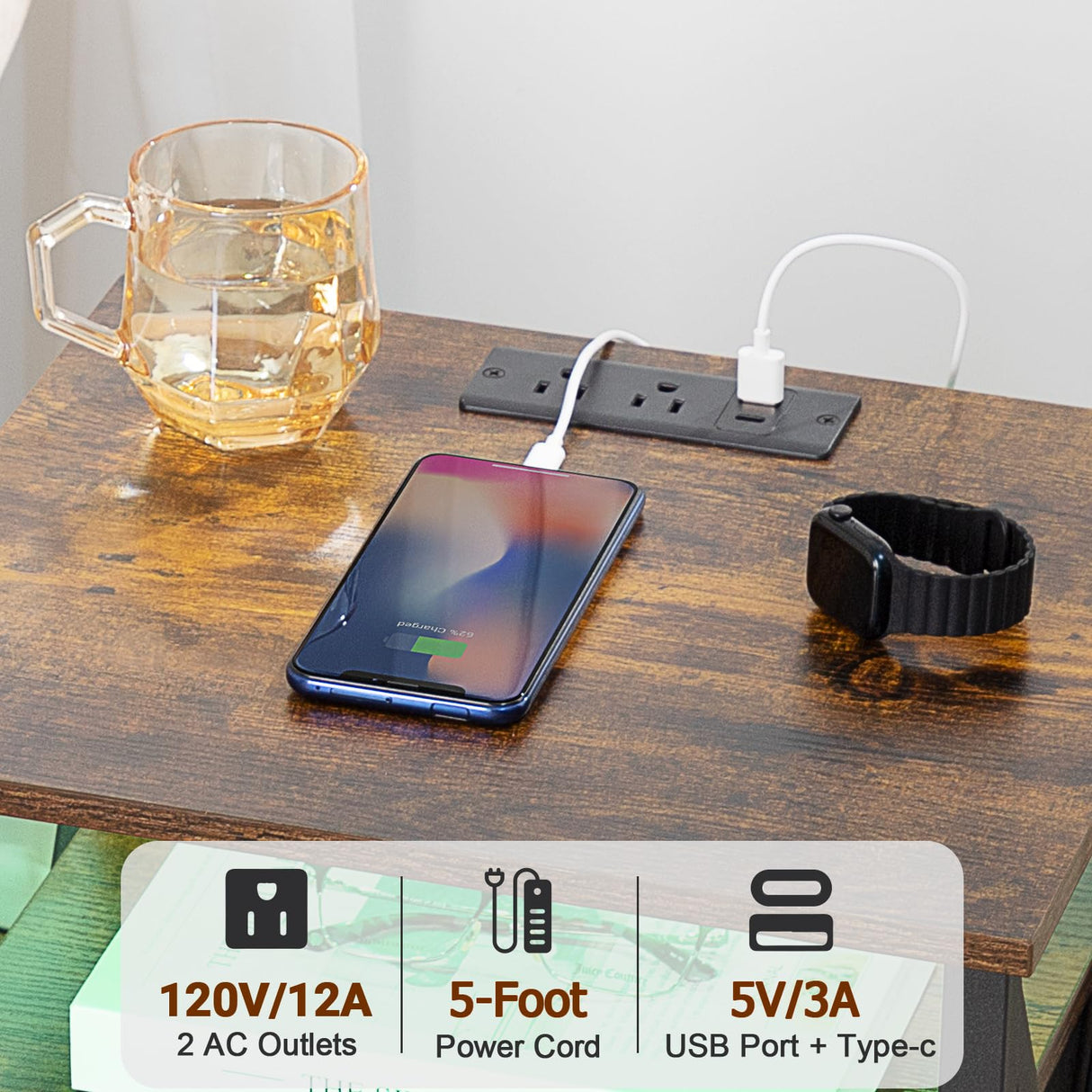 AMHANCIBLE Night Stand Set 2, LED Nightstand with Charging Station, End Side Tables with USB Port & Outlet, Bedside Tables with Fabric Drawers for Bedroom Living Room, Rustic Brown HET053LBR AMHANCIBLE