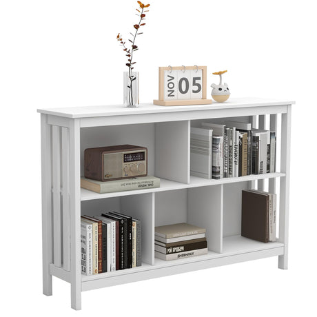 TaoHFE Horizontal Bookshelf - Modern Minimalist 2-Tier Book Shelf with Storage, Short Wide Wood Bookshelf for Classroom, Office, Living Room or Study, White TaoHFE