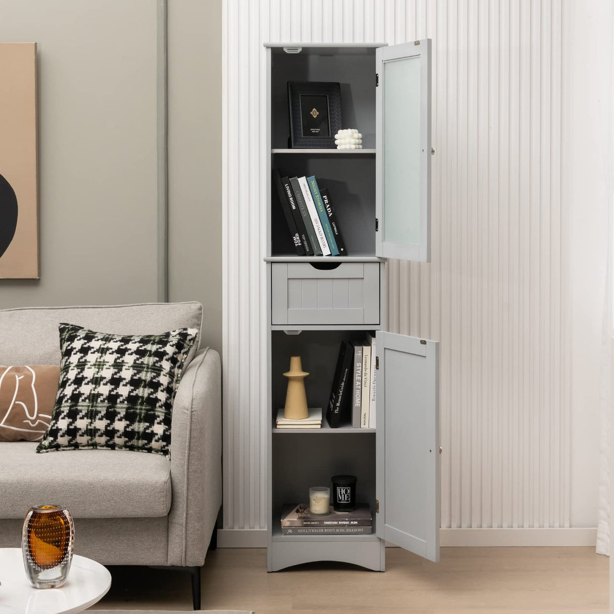 Tangkula 67" Tall Bathroom Storage Cabinet, Slim Freestanding Tower w/ 2 Doors & 1 Drawer, Narrow Floor Cabinet w/Adjustable Shelves & Tempered Glass Door for Bathroom Living Room (Grey) Tangkula