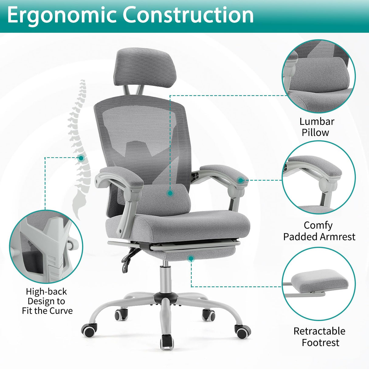 DUMOS Home Office Desk Chair with Footrest, High-Back Mesh Rolling Swivel Reclining Chairs with Wheels, Comfortable Headrest, Lumbar Support, Comfy Arms for Home, Office, Gaming, Student, Grey DUMOS