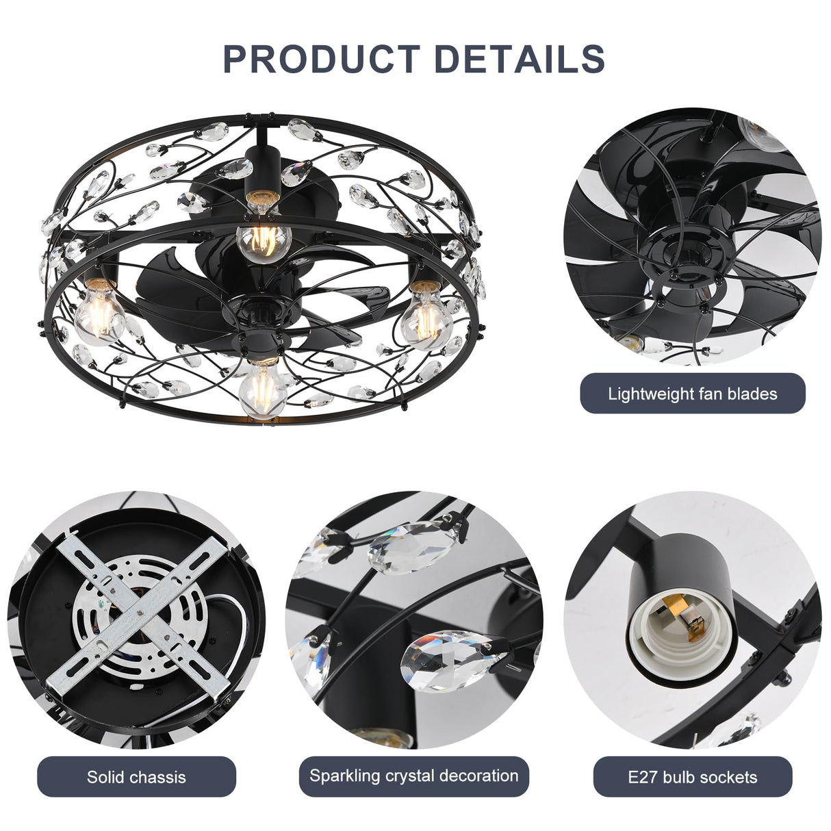 Garwarm 20in Caged Ceiling Fan with Light,Rustic Industrial Ceiling Fans with Lights and Remote,Bladeless Black Fandelier Ceiling Fan,Flush Mount Fan Lights for Kitchen,Bedroom（6 Speed,Timing） Garwarm